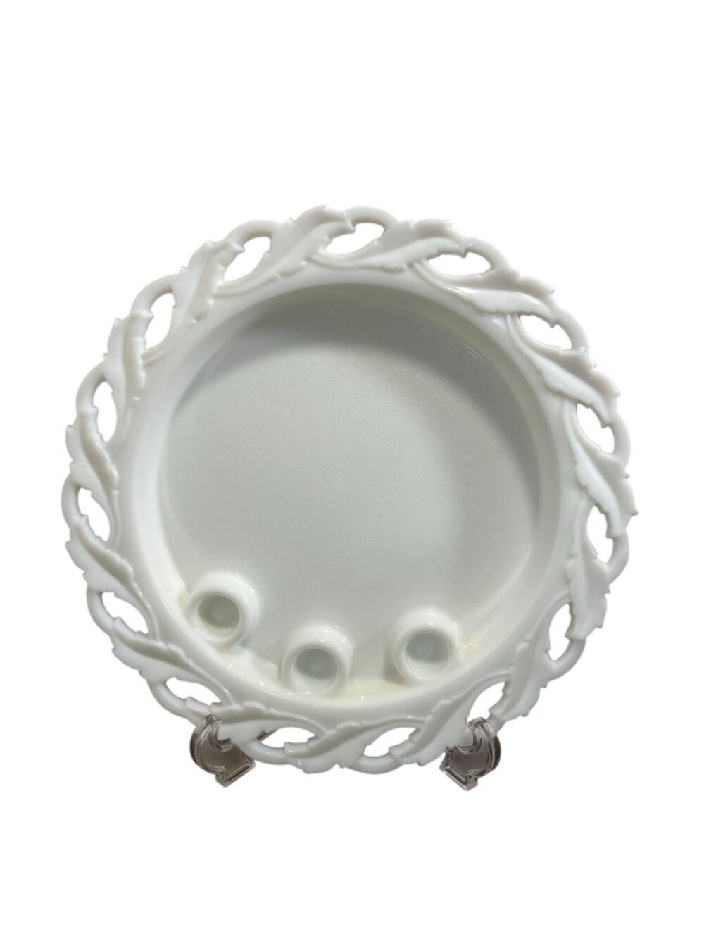 Vintage Imperial Milk Glass Centerpiece Candle Platter Open Lace Leaf Holly 11"